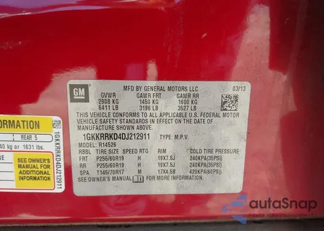 2013 GMC Acadia Slt-1 from USA, damaged, VIN 1GKKRRKD4DJ212911